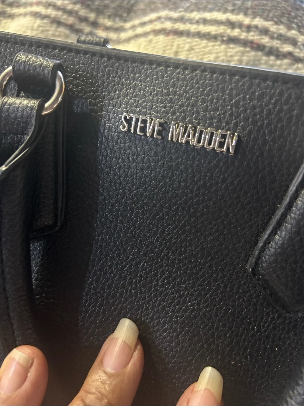 Steve Madden Black Pebbled Leather Brief Tote with Silver Hardware